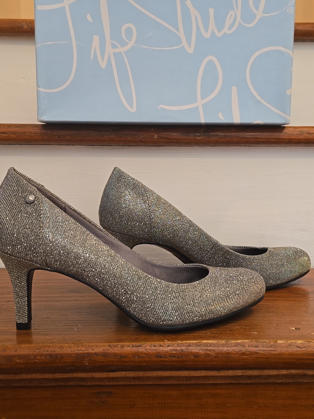 Life Stride Silver Glitter Mid-Heel Dress Pumps